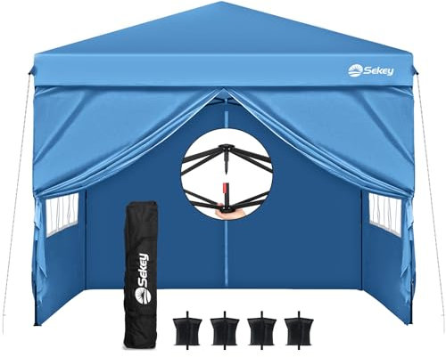 Sekey One-Touch Pop Up Pavillon 3x3 Wasserdicht Stabil Winterfest, Faltpavillon 3x3m mit Verdickten Röhren, Partyzelt Pavillion Klappbar für Camping Festival Party (Blau, mit Seitenwänden)