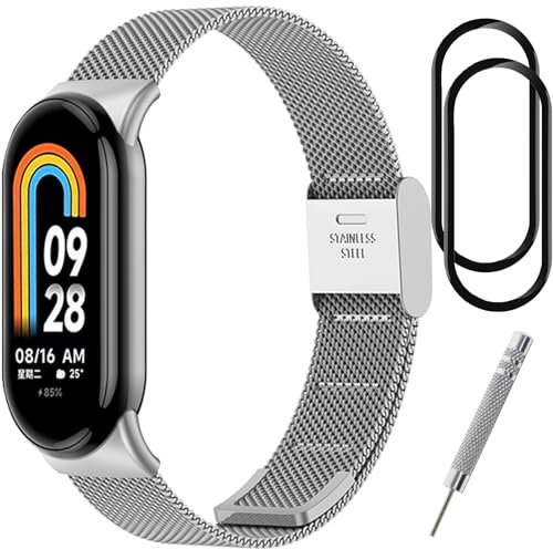 BANGTING Armband Metall Kompatibel mit Xiaomi Mi Band 10/9/8, Ersatzarmband für Miband 10 Ersatzbänder Mi Band 9 Edelstahl Armbänder Strap (Silbrig (Schnallenart))