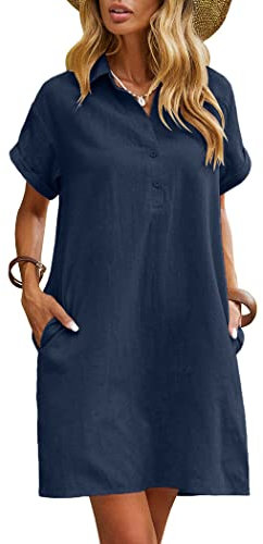 Zeagoo Robe d'été 100% coton et lin pour femme - Décontracté - Longueur jusqu'au genou - Manches courtes - Poches - Plage, bleu, L