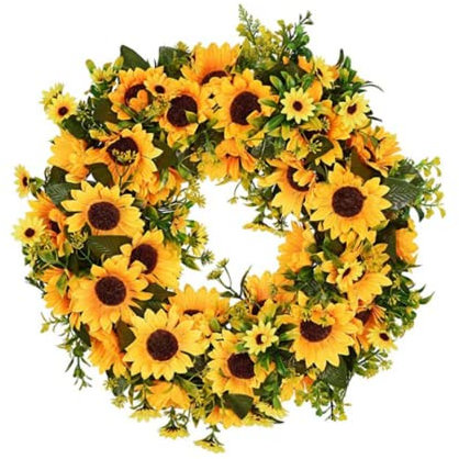 XJKLBYQ Sunflower Wreath,Summer Fall Wreath for Front Door,Wedding Favors,40cm Yellow Sunflower Green Leaves Garland Artificial Flower Wreath for Front Door