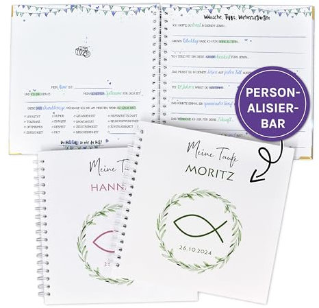 Gästebuch zur Taufe mit vorgedruckten Fragen zum Ausfüllen für die Gäste als Erinnerung, mit Name und Datum personalisierbares Erinnerungsalbum, Taufgeschenk, Fischsymbol