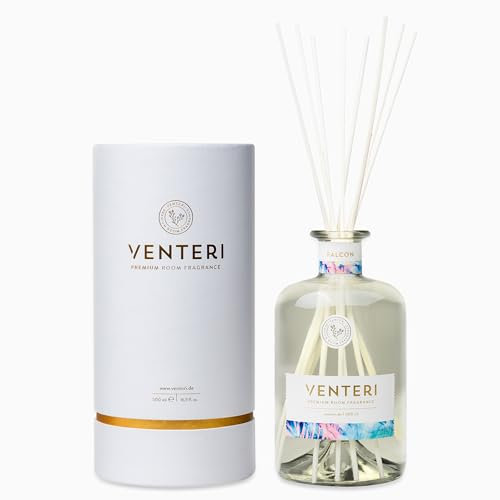 Venteri Falcon Natürlicher Raumduft ohne Chemie 500ml, Raumerfrischer mit Duft nach Ingwer, Jasmin & Vanille - Raumduft Diffusor mit 8 Duftstäbchen für Zuhause, Büro & Bad