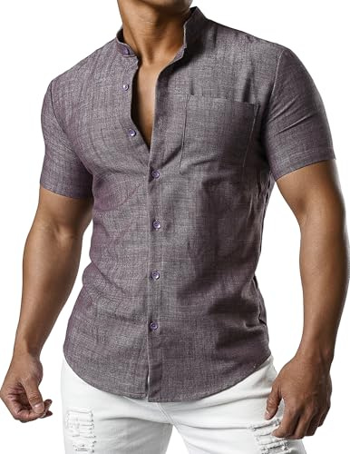 JOGAL - Camicia da uomo in lino a maniche corte, vestibilità normale, estiva, con abbottonatura Button Down, per il tempo libero, Viola/Grigio, L