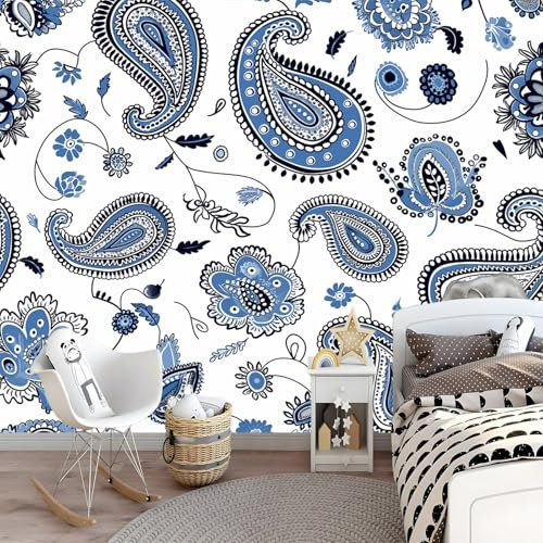 Traditionelles indisches blaues Paisley-Muster, Vlies-Fototapete, 200 x 140 cm, Wandkunst für Büro, Wohnzimmer, Kindergarten, indische Malerei, Tapeten-Wandbilder für Heimdekoration