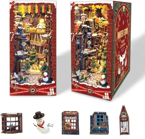 Christmas Book Nook 3D Wooden Puzzles DIY Miniature House with LED Lights | Festive Diorama Model Building Kits, Bookshelf Insert for Home & Office Decor, Birthday Christmas Gift for Family, Friends