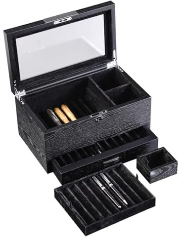 Wood Pen Display Box, 28 Pens Storage Display Case, 3-Layer Fountain Pen Collector Box, with Ink Bottle Storage, Glass Window, for Shop Home