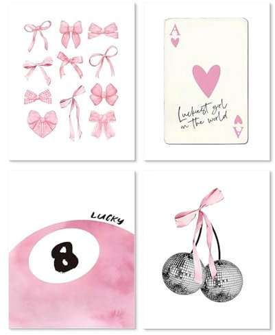 PMTFUMY 4-teiliges rosafarbenes Wandkunst-Set, Raumdekoration, niedliche Raumdekoration, ästhetisch, kokett, adrette Raumdekoration, 20,3 x 25,4 cm, ungerahmt