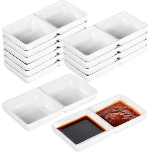 Tideme 12 Stück Dual Dip Soßen Schalen Sojasauce Schüssel mit 2 Fächern, Melamin Kunststoff Dip Sauce Dish Tablett, geteilte Fondueteller für Partys, Restaurants, Ketchup Wasabi Dip Teller