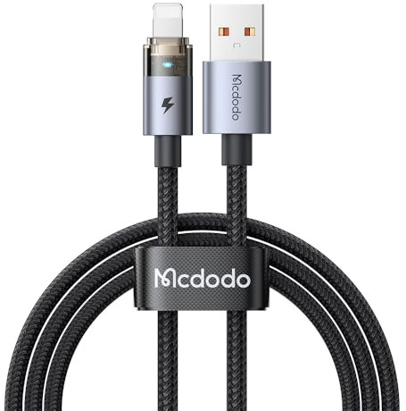 mcdodo USB A to Lightning Charging Cable with Flashing Light 4ft, Nylon Braided USB Lightning Fast Charger Cable Fit for iPhone 14 13 12 11/Pro/ProMax/Plus, iPad, AirPods, iTouch(Black)
