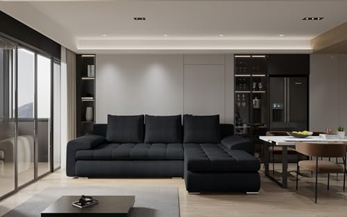 Kaiser Möbel - Ecksofa mit Schlaffunktion und Bettkasten - Tomi Couch für Wohnzimmer - Wohnlandschaft L Form - Boucle-Polsterstoff Abriamo - 150x237x85cm - RechtsMarineblau