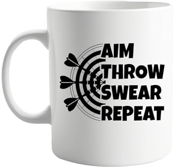 signkitsuk Aim Throw Swear Repeat 11oz Ceramic Coffee Mug – Humorous Darts Themed Mug for Darts Players, Sports Fan Gift, Ideal for Coffee or Tea Lovers,