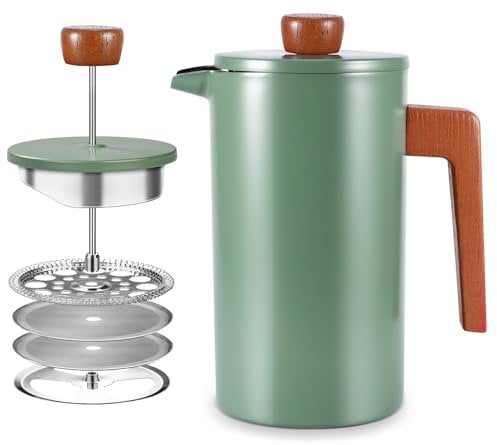 Weskjer Cafetiere 8 Cup With Wood Handle,Insulated 1L French Press Coffee Maker,Stainless Steel Coffee Press for Coffee & Tea, Includes 1 Extra Filter,Green