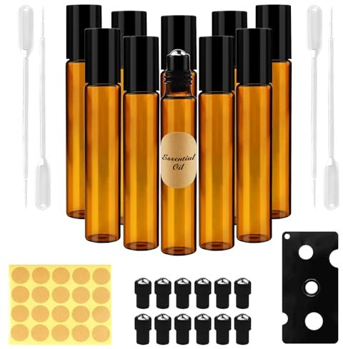 Redamancy 10pcs Essential Oils Roller Bottles, 10ml Empty Roller Ball Bottles with Stainless Steel Roller Balls, Glass Roller Bottle, for Essential Oil, Perfume, Fragrance, Aromatherapy, Massage