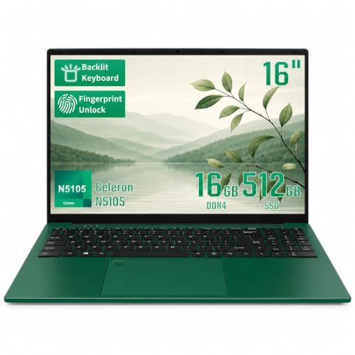 UDKED 16 Inch Laptop, FHD 1920x1200 IPS Display, Win11 Pro Celeron N5105(Up to 2.9GHz), 16GB DDR4 RAM 512GB SSD, Lightweight Notebook Computer with Backlit Keyboard & Fingerprint Unlock,Green