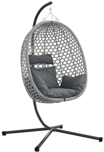 vidaXL Hängender Eierstuhl mit Gestell Pulverbeschichteter Stahlrahmen und Kissen Grau Poly Rattan Außenschaukel für Garten Balkon Lounge Veranda Metall