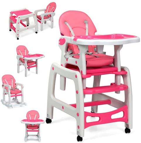 LIFEZEAL 5 in 1 Babyhochstuhl, Mobiler Babystuhl mit Schaukelfunktion, Kinderhochstuhl mit Abnehmbarem Doppeltablett & Fußstütze, Kombihochstuhl mit Sicherheitsgurt, ab 6 Monate (Rosa)