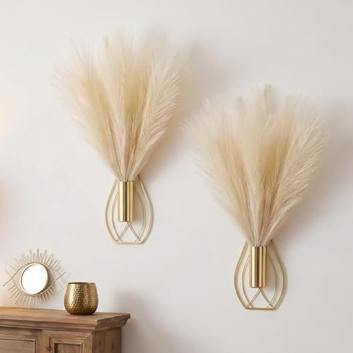 Otoolling 2 Pieces Hanging Plant Wall Decor with Artificial Pampas Grass Metal Hanging Vase Modern Geometric Farmhouse Bohemian Wall Art for Living Room Bedroom Kitchen Bathroom Office(Gold, Beige)