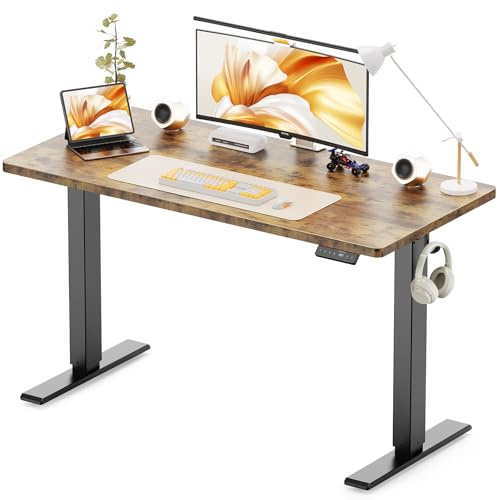 WALKINGDESK Höhenverstellbarer Schreibtisch 120 x 60 cm, Rustikales Braun | Elektrischer Stehschreibtisch, 4 Speicherpositionen, Zweiteilige Tischplatte, Computertisch mit 2 Haken für Homeoffice