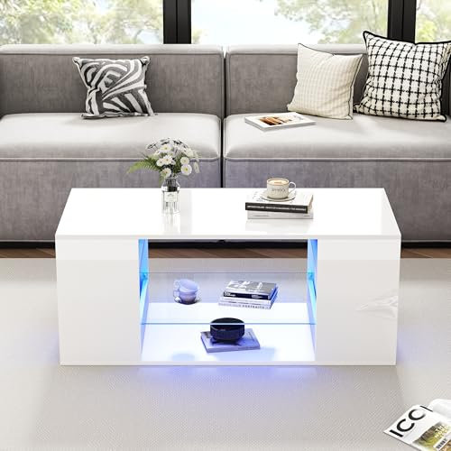 Merax Table basse moderne de salon, blanche, brillante, avec éclairage LED 16 couleurs, table d'appoint avec espace de rangement, étagère d'exposition en verre, étagères latérales, 96 x 45 x 45 cm