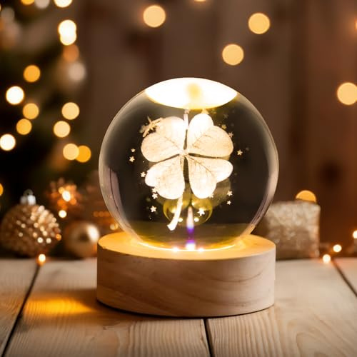 YANGUN 3D Kristallkugel Nachtlicht, 60 mm Glaskugel-Nachtlampe, moon lamp, vierblättriges Kleeblatt glücksbringer, 3d lampe Glaskugel Deko, Geschenke für Männer Jungen Frauen Kinder, Heimdekoration