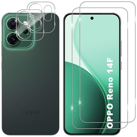 Lutree Cristal Templado para OPPO Reno 14 F 5G / Reno 14 FS 5G, 2+2 Piezas Protector de Pantalla + Protector de Lente de Cámara, 9H HD Anti-Arañazos Vidrio Templado Película Protectora