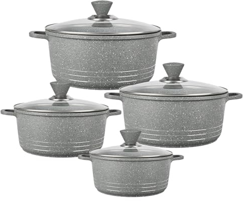 GRACE KITCHEN Cookware - 4Pc Die Cast Aluminium Non Stick Casserole Pots with Lids – Induction Stockpot Set for All Hobs – Tempered Glass Lids with Steam Vent