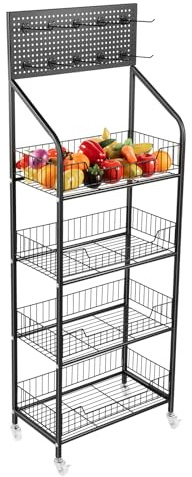 OUKANING Snackregal mit 4 Ebenen, Regal für Süßigkeiten mit Hängebrett & Rollen, Snack-Display & Chips-Regal, Höhenverstellbar Einzelhandelsständer Für Läden Zuhause, Geschäfte 50x27x140cm Schwarz Küc