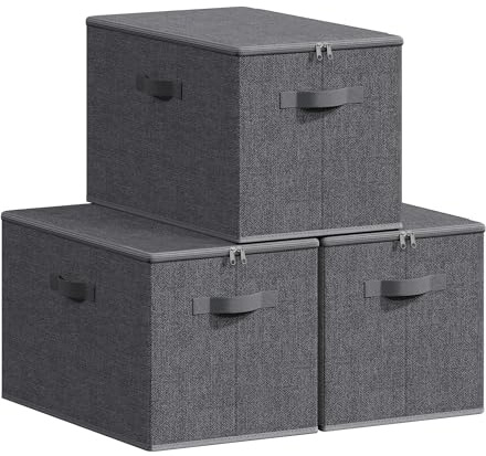 SONGMICS Foldable Storage Organiser Boxes, Storage Basket Bins with Lids, Handles, Clothes Organiser, Non-Woven Fabric, Set of 3, 50 x 30 x 30 cm, Slate Grey RZB050GN02