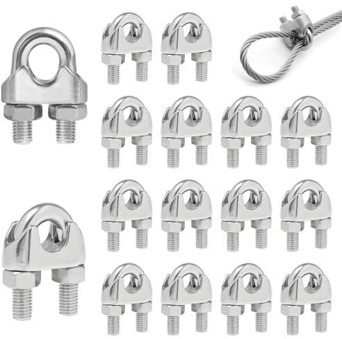 ANBOWEI Wire Rope Clamp M6, 16 Pcs Cable Clamps 304 Stainless Steel | Wire Rope Grips U Bolt Saddle Clips for Tension Cable, Washing Lines, Garden Fences