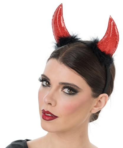 Chaks - Haarreif Teufelshörner, Rot glitzernd mit Flausch | Dämon Kostüm Accessoire für Karneval und Party, Schwarzer Haarreif mit Teufelshörnern, Glitzer Design