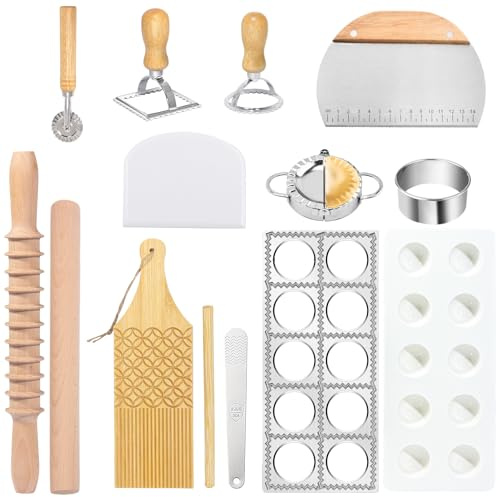 13Pcs Wood Pasta Making Kit | Pasta Tools with Rolling Pin,Ravioli Mold,Ravioli Cutter,Gnocchi Board,Pasta Stamps,Dumpling Tool,Stick Dough Scraper