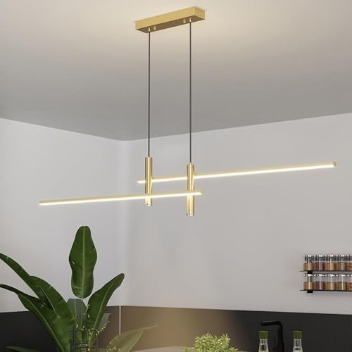 Yuelux Moderne LED Pendelleuchte für Esstisch & Esszimmer - Dimmbar, Höhenverstellbar mit Fernbedienung - Hängeleuchte Küche, Büro, Wohnzimmer - Kronleuchter mit Linearem Design (Gold, 150cm)
