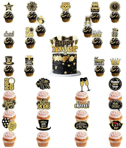 2026 Silvester Dekorationen Set:28 Stück Schwarz Gold Cupcake Topper & Cake Topper für Party Supplies Photo Booth Requisiten