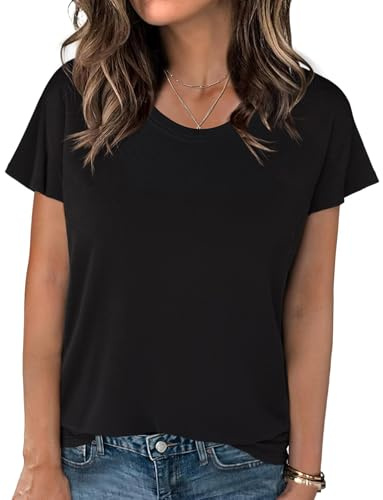 Crewhpo Women's T-Shirt Round Neck Short Sleeve T Shirts Casual Loose Blouse Summer Lightweight Solid Colour Tees Basic Top B-Black