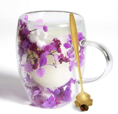 AWSOLAR 300ml Dried Flowers Mug, Double Walled Coffee Mug with Spoon Gifts for Women Mum Friends