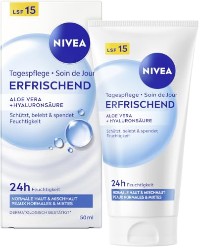 NIVEA Tagespflege Erfrischend, pflegende Gesichtscreme mit Aloe Vera, Hyaluronsäure und LSF 15, feuchtigkeitsspendende Tagescreme für 24h Feuchtigkeit (50 ml)