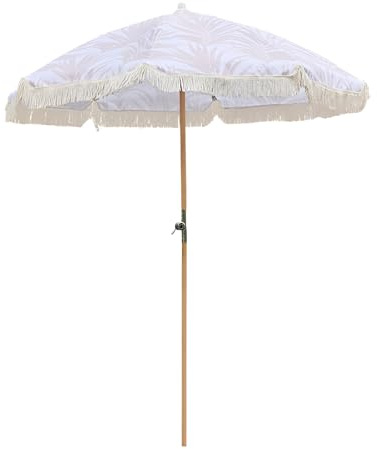 KXWOQ3ED Parasol de Plage Boho de 200 cm avec Franges, Parasol de Jardin Inclinable, Mât en Bois Protection Solaire pour Terrasse, Balcon ou Piscine