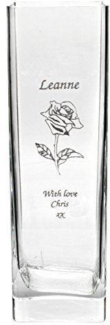 Personalised 18cm Tall Glass Vase With Rose Design, Engraved with Any Message - Enter Your Own Custom Text