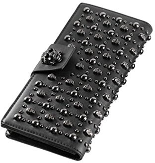 Shinywear Damen Schwarz Lange Totenkopf Nieten Geldbörsen Echtes Leder Kartenhalter Geldbörse Schwarz Lang Retro