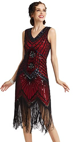 BABEYOND Damen-Charleston-Kleid, 1920er-Jahre, V-Ausschnitt, Great Gatsby-Kleid mit Perlen, Fransen