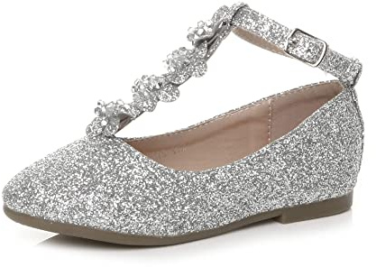 AJVANI Girls Kids Childrens Flat T-BAR Glitter Wedding Bridesmaid Shoes Ballerinas Size