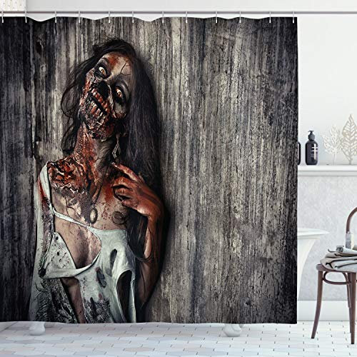 ABAKUHAUS Zombie Duschvorhang, Verärgerten Toten Frau, Stoffliches Gewebe Badezimmerdekorationsset mit Haken, 175 x 180 cm, Dunkler Taupe Peach Red