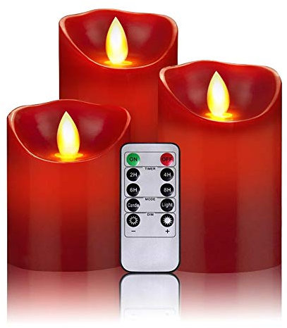 OSHINE LED Kerzen Flammenlose Kerzen:300+ Stunden Dekorations-Kerzen-Säulen im 3er Set 10-Tasten Fernbedienung mit 24 Stunden Timer-Funktion (3 * 1, rot)