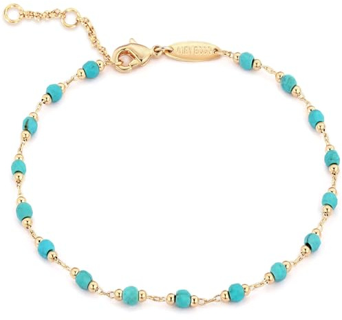 Mevecco Gold Round Turquoise Beaded Bracelets,14K Gold Plated Handmade Cute Dainty Bracelet for Women, M, Brass, no gemstone
