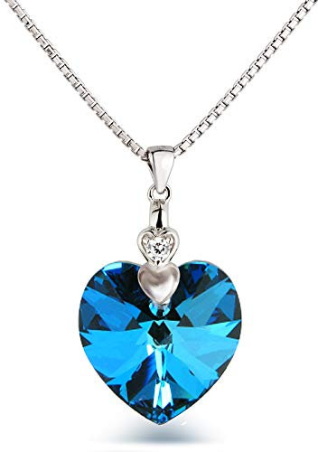 Schöner-SD Damen Kette Herz 925 Silber Marken-Kristall Herzanhänger Blau