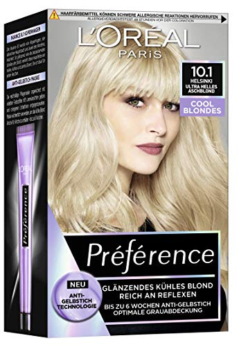 L'Oréal Paris permanent hair colour with cool colour result, hair dye set with colouration and anti-yellow tint care balm, Préférence cool blondes, No. 10.1 ultra light ash blonde (Helsinki), 1 piece