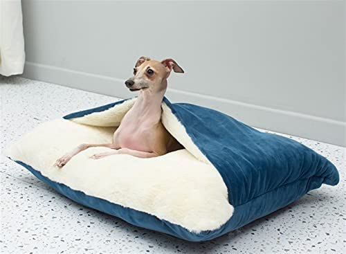 Hundebett Höhle Beruhigende Platz Schlafsack, Winter Warm Plüsch Höhle mit Kapuze Katzenbett mit Abnehmbaren Deckel für Kleine Mittlere Haustier (Farbe : Blau, Größe : 63x53x20cm)