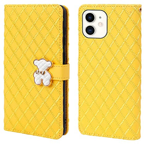 Tiyoo iPhone 11 Flip Case with Wallet, 3D Metal Bear Magnetic Closure, Support Stand and Card Slots, PU Leather with Quilting Embroidery Process (Yellow)