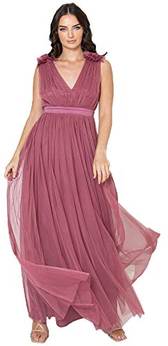 Maya Deluxe Damen Maya Deluxe Women's Maxi With Ruffle V Neck Sleeveless High Empire Waist Long Prom Guest Weddi Bridesmaid Dress, Desert Rose, 42 EU