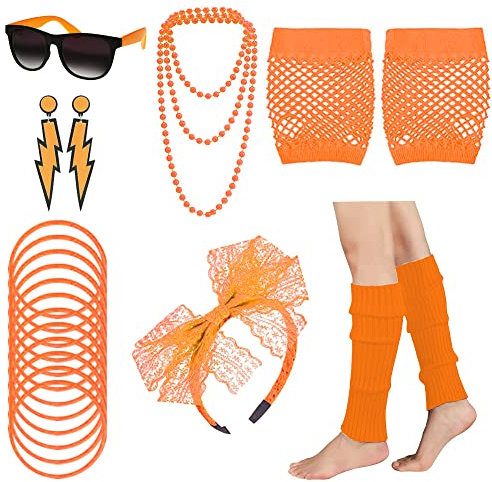 80er Jahre Outfit Damen 80er Jahre Accessoires, 80er 90er Jahre KostüM Damen Kinder Party Neon Accessoires Spitzenstoff Stirnband Ohrringe Brille 80er Netzhandschuhe ArmbäNder Halsketten Beinlinge